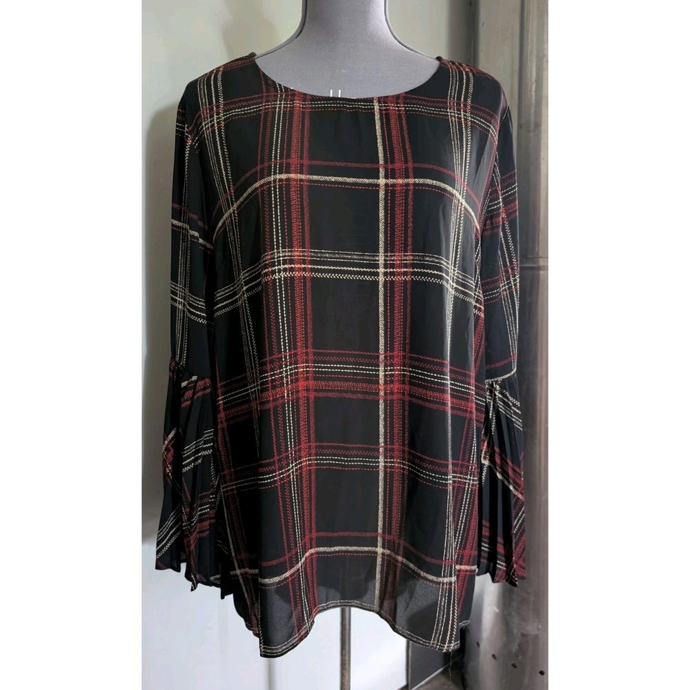 Susan Graver Womens Blouse L 12 Tunic Pleated Bell Sleeve Red Black Plaid